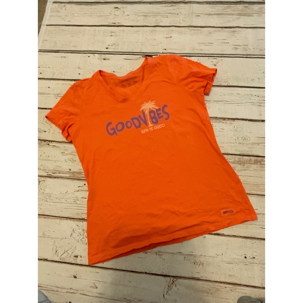 Life is Good Crusher Tee Womens Medium Pink Good Vibes V-Neck Graphic T-Shirt